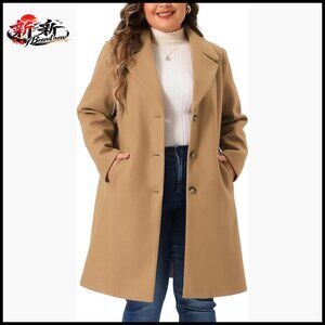 Plus Size Knee Length Pea Coat with Notch Lapel, 100% Polyester